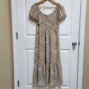 Mimi Chica Dress M Tan Floral Midi Short Sleeve Ruffle Babydoll Boho Peasant